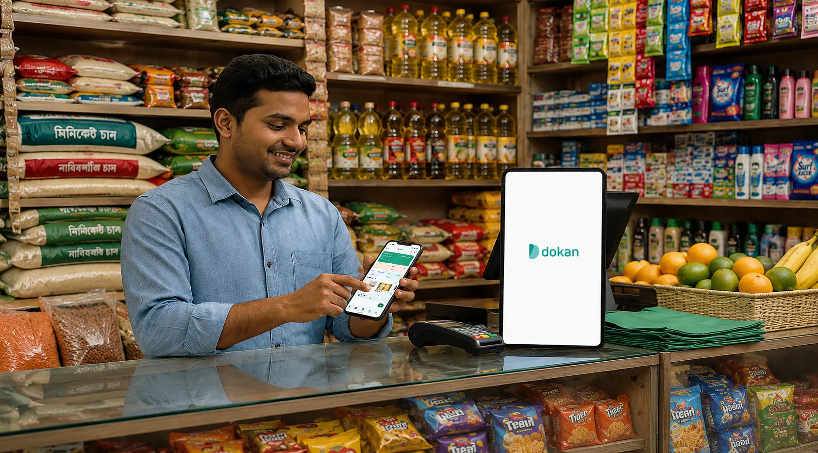A shopkeeper managing his business with the Dokan app
