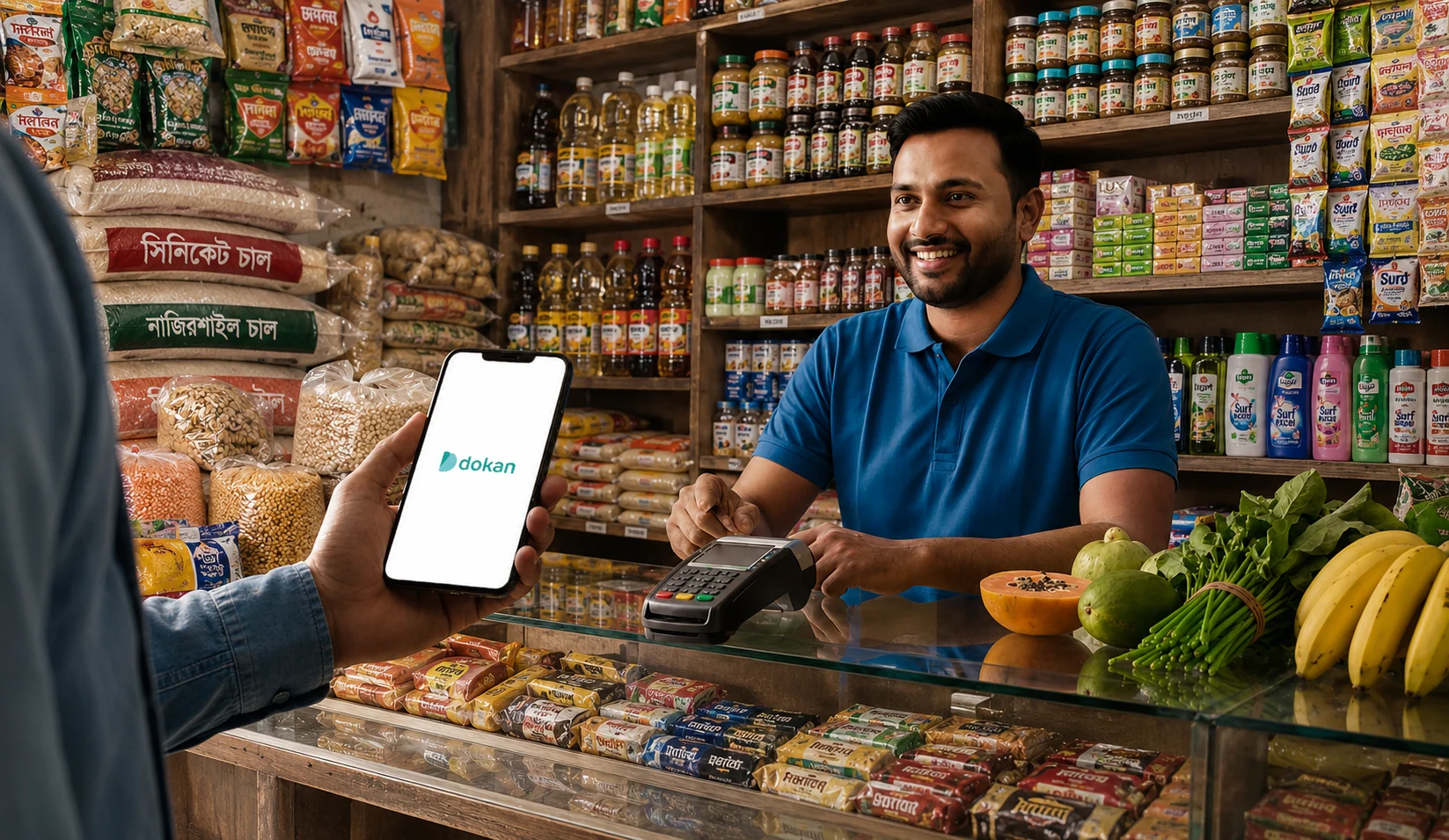 A customer using the Dokan app while paying at a grocery shop